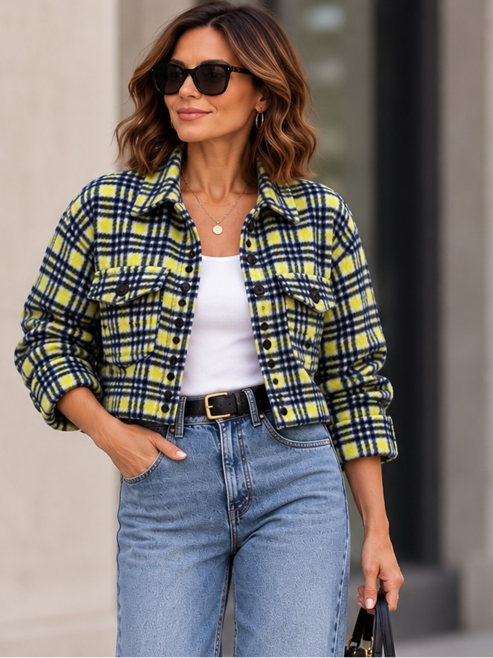NOBO Yellow and Navy Cropped Plaid Shacket size medium